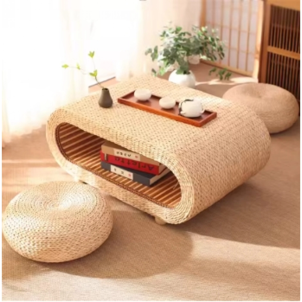 Japanese Style Living Room Coffee Table Handmade Suitable For Sitting On The Ground Rectangular Rattan Straw Coffee Table
