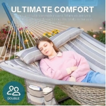 Double Hammock with Stand for Outside, Rope Hammocks with Polyester Pad 2 Person, 12ft Heavy Duty Stand, Extra Pillow