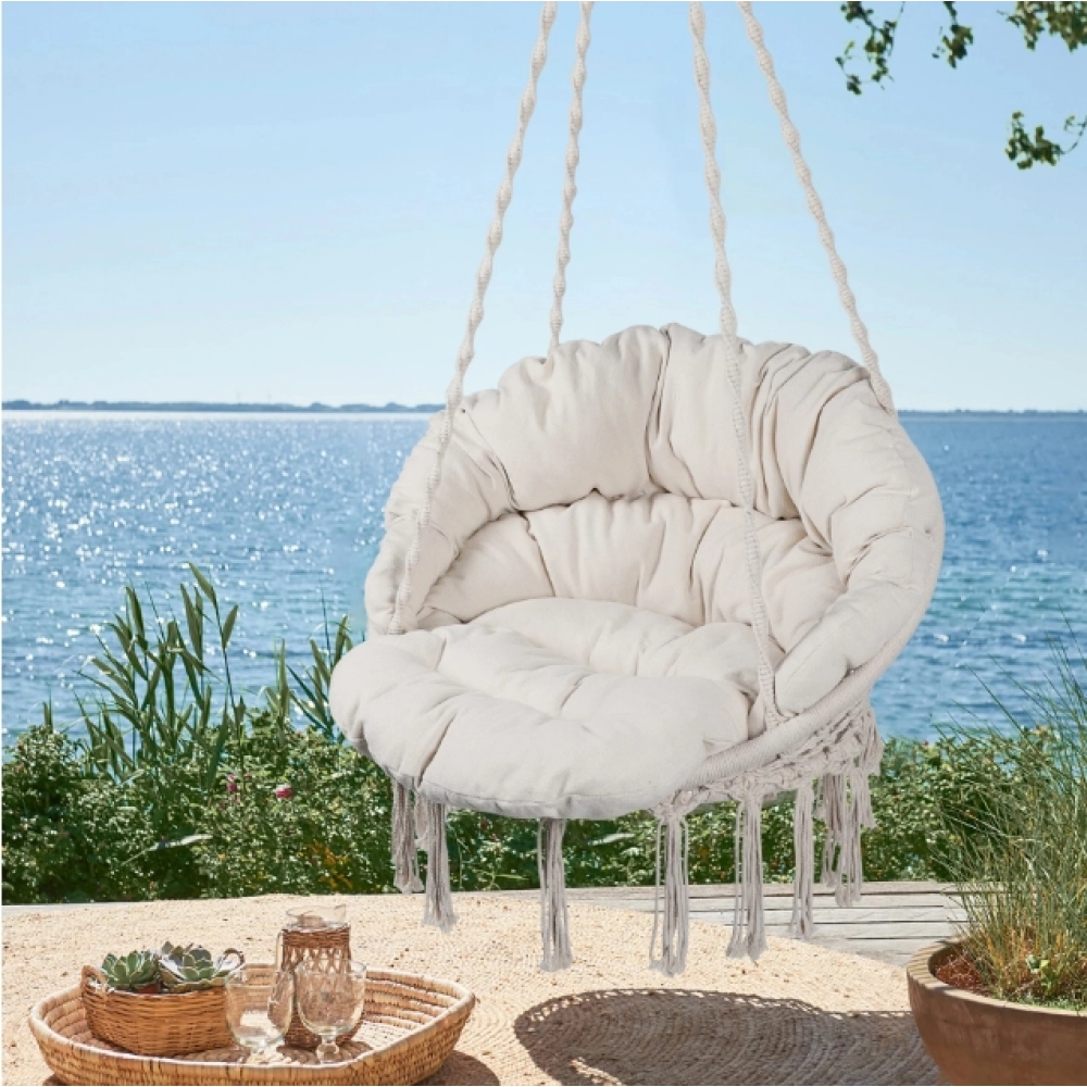 Hammock Chair Macrame Swing Max 330 Lbs Hanging Cotton Rope Hammock Swing Chair for Indoor and Outdoor with Cushion